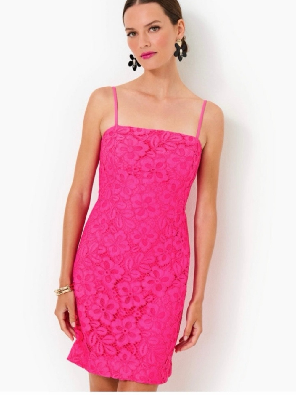 Hot Pink Floral Lace Spaghetti Strap Dress